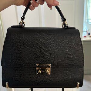 Henri Bendel Black Waldorf Top Handle Satchel with Gold Details